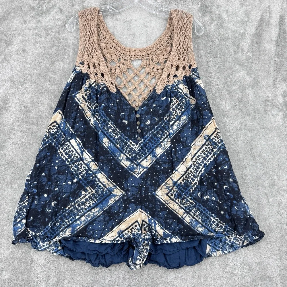Free People Romper Womens Medium Celeste Macrame Bohemian Pockets Playsuit Beach